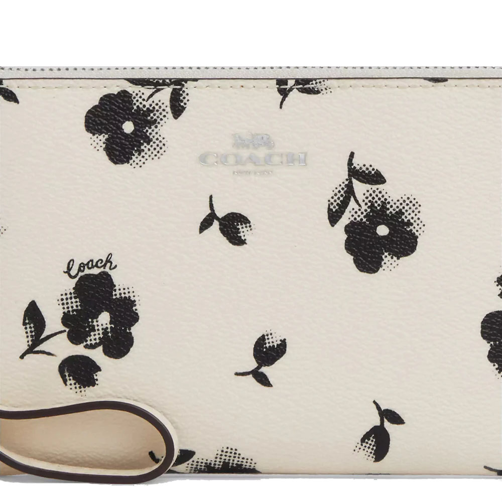 Coach Small Wristlet Floral Corner Zip Chalk Black White # CP438