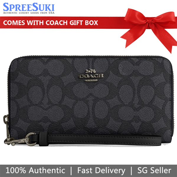 Coach Long Zip Around Wallet Signature Canvas Charcoal Black # CW778