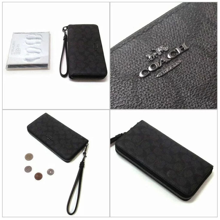 Coach Long Zip Around Wallet Signature Canvas Charcoal Black # CW778