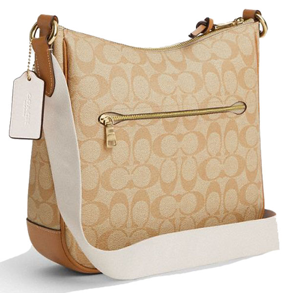 Coach Crossbody Bag Sling Leather Stripe Signature Ellie Light Khaki Chalk Off White Light Saddle Brown # CR124