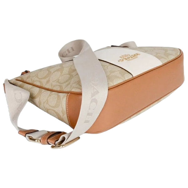 Coach Crossbody Bag Sling Leather Stripe Signature Ellie Light Khaki Chalk Off White Light Saddle Brown # CR124