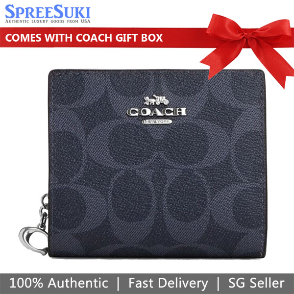 Coach Small Wallet Signature Pvc Snap Wallet Denim Midnight Navy Blue # C3309