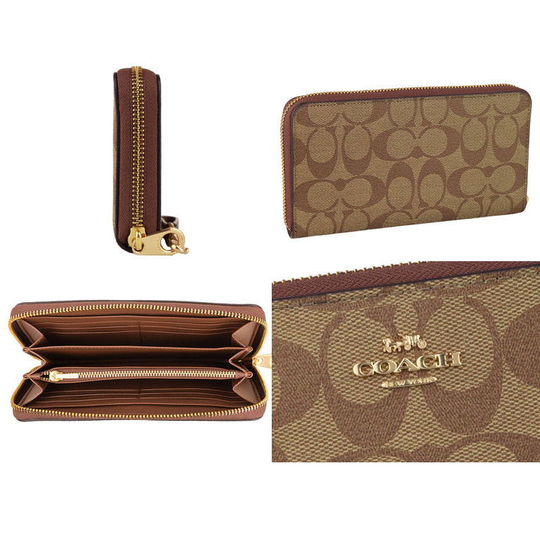 Coach Long Wallet Long Zip Around Wallet Signature Canvas Tan Brown # CW778