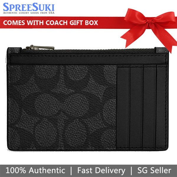 Coach Zip Card Case Signature Charcoal Black # CV764