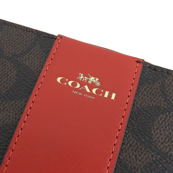 Coach Small Wristlet Corner Zip Signature Leather Stripe Walnut Brown Bold Red # CW854