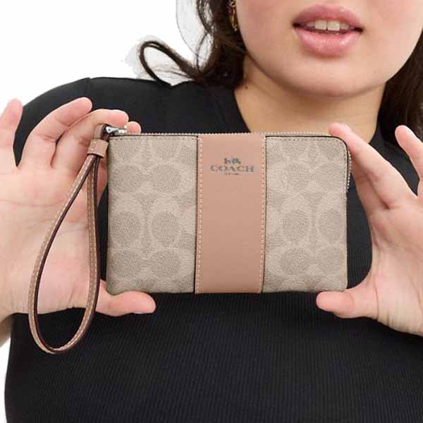 Coach Small Wristlet Corner Zip Signature Leather Stripe Sand Taupe Brown Nude Beige # CW854