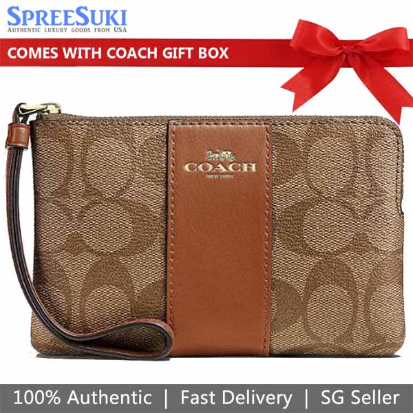 Coach Small Wristlet Corner Zip Wristlet In Signature Canvas Khaki / Saddle Brown # CS602