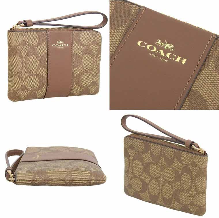 Coach Small Wristlet Corner Zip Wristlet In Signature Canvas Khaki / Saddle Brown # CS602