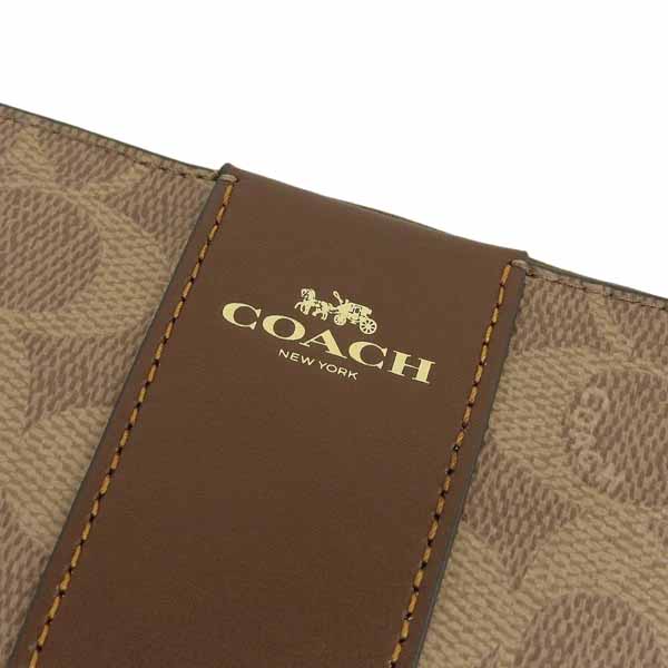 Coach Small Wristlet Corner Zip Signature Leather Stripe Tan Brown # CW854