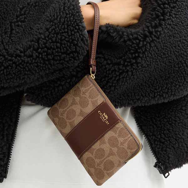 Coach Small Wristlet Corner Zip Signature Leather Stripe Tan Brown # CW854