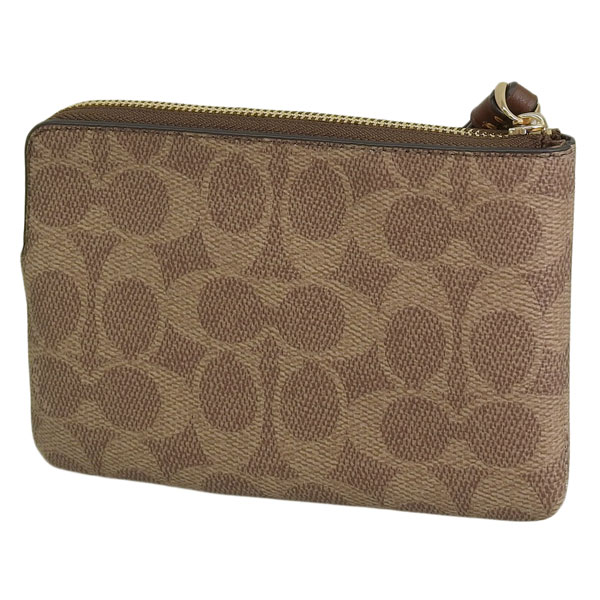 Coach Small Wristlet Corner Zip Signature Leather Stripe Tan Brown # CW854