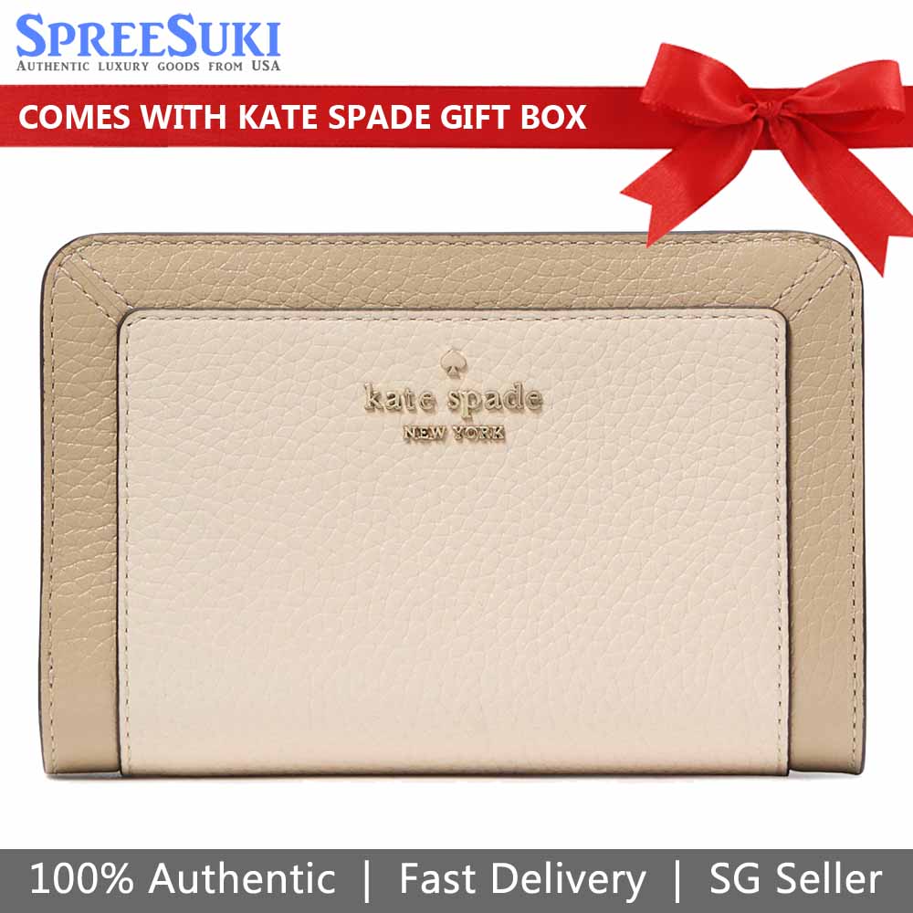 Kate Spade Medium Wallet Lena Colorblock Pebbled Medium Compact Bifold Light Sand Nude Beige # KI834