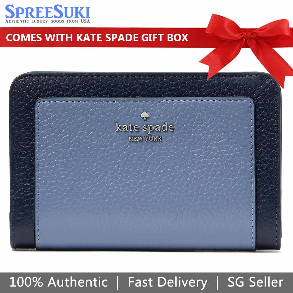 Kate Spade Medium Wallet Lena Colorblock Pebbled Medium Compact Bifold Parisian Navy Blue # KI834