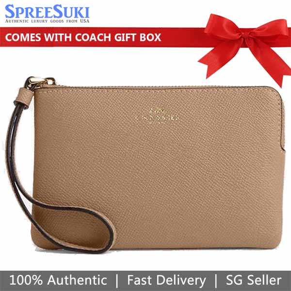 Coach Small Wristlet Crossgrain Leather Corner Zip Taupe Beige # 58032