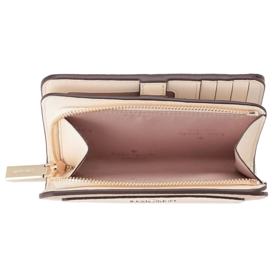 Kate Spade Medium Wallet Lena Colorblock Pebbled Medium Compact Bifold Light Sand Nude Beige # KI834