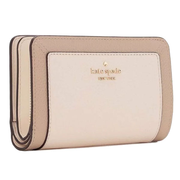 Kate Spade Medium Wallet Lena Colorblock Pebbled Medium Compact Bifold Light Sand Nude Beige # KI834