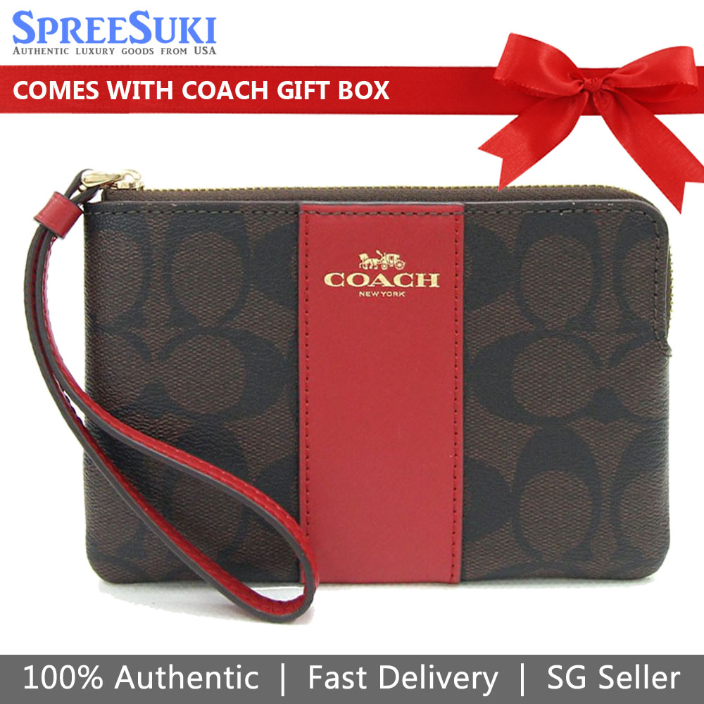 Coach Small Wristlet Corner Zip Signature Leather Stripe Walnut Brown Bold Red # CW854