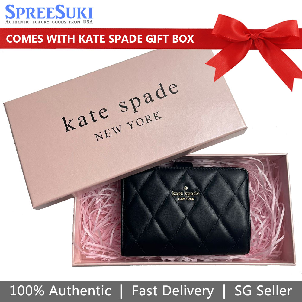 Kate Spade Medium Wallet Carey Smooth Quilted Medium Compact Bifold Black # KG424