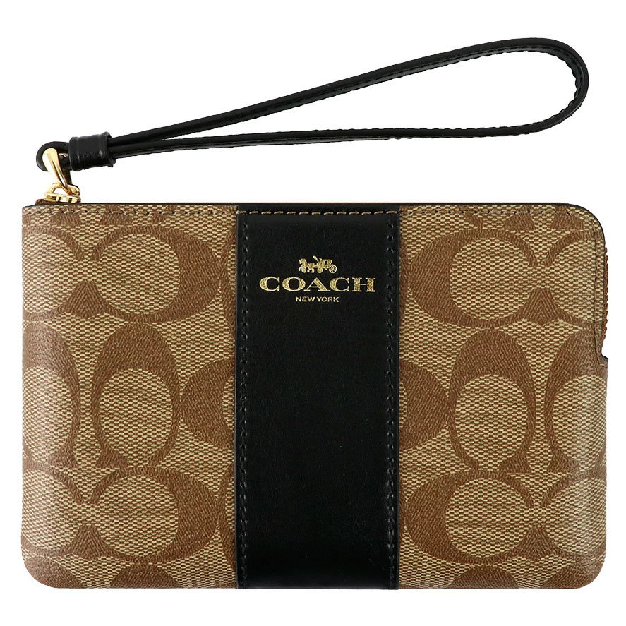 Coach Small Wristlet Corner Zip Wristlet In Signature Canvas Khaki / Black # F58035