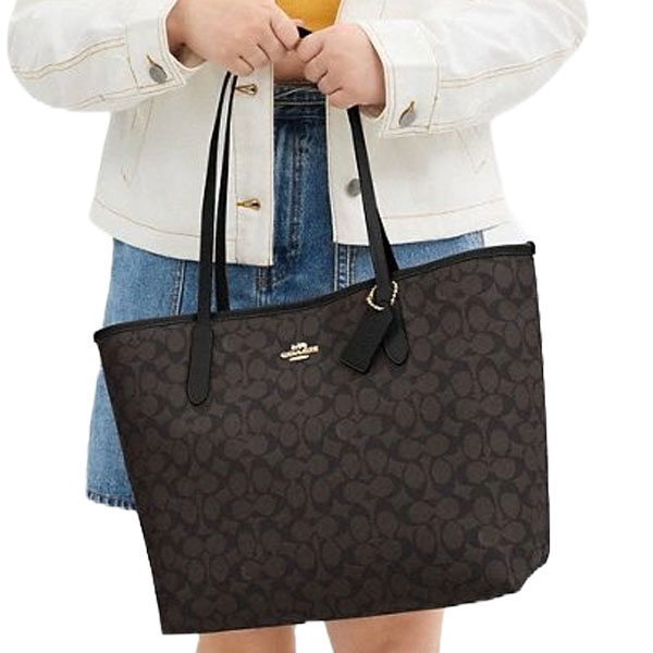 Coach City Tote Bag In Signature Canvas Walnut Black # CV976