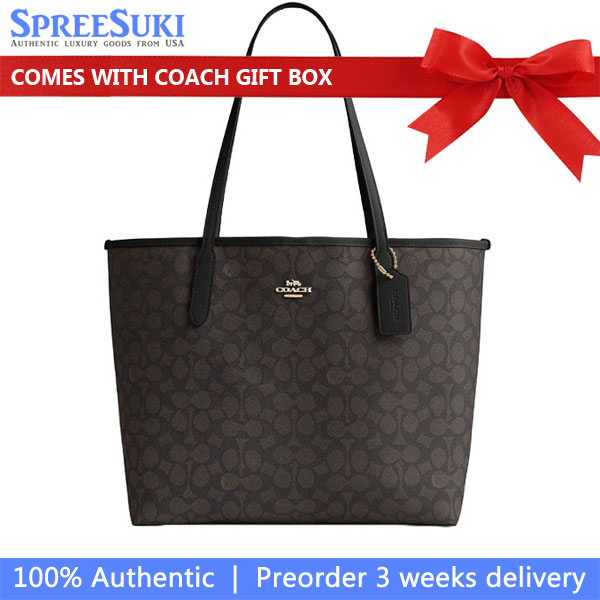 Coach City Tote Bag In Signature Canvas Walnut Black # CV976