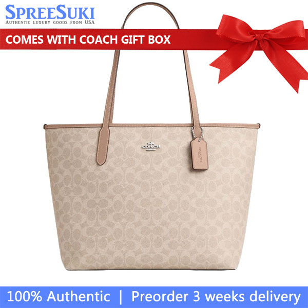 Coach City Tote Bag In Signature Canvas Silver Sand Taupe # CV976