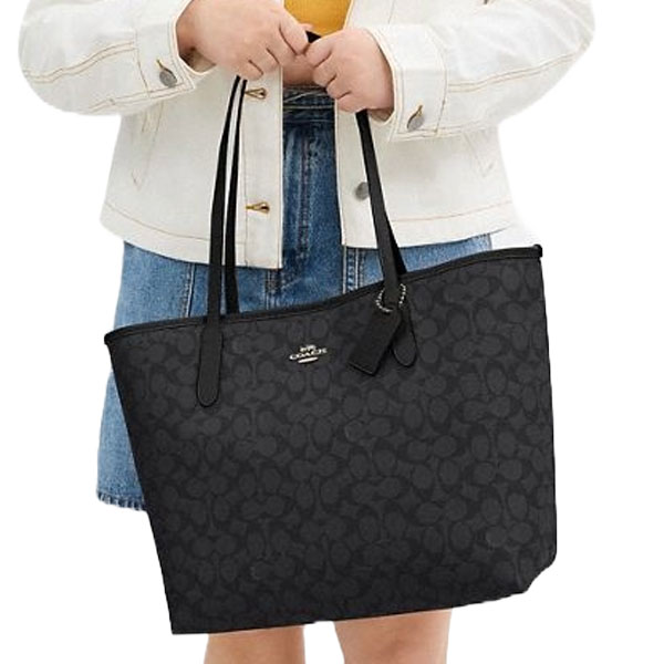 Coach City Tote Bag In Signature Canvas Gunmetal Charcoal Black # CV976