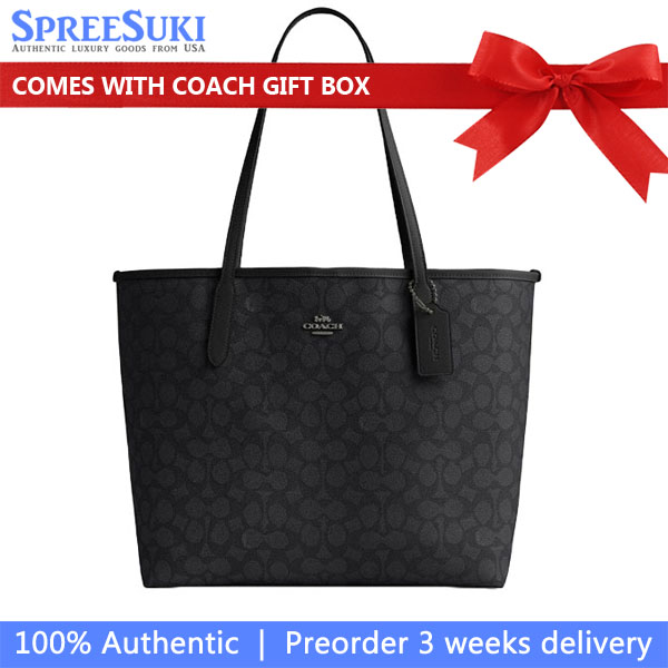 Coach City Tote Bag In Signature Canvas Gunmetal Charcoal Black # CV976