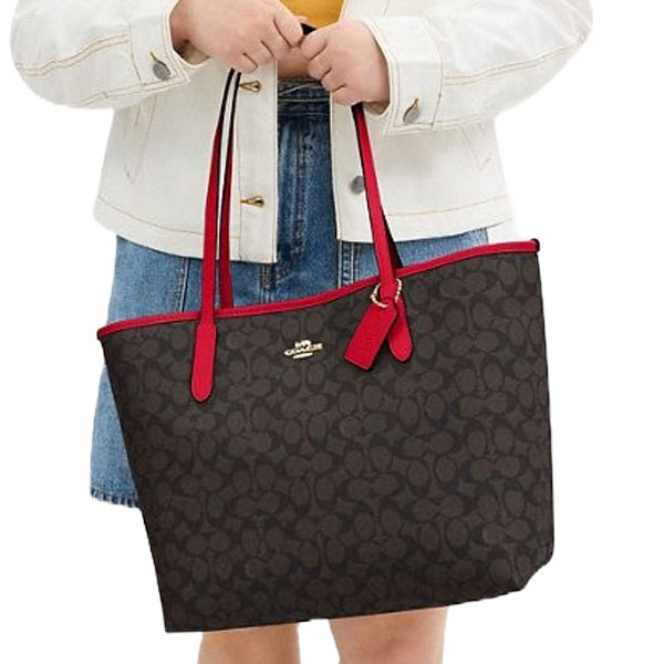 Coach City Tote Bag In Signature Canvas Walnut Bold Red # CV976