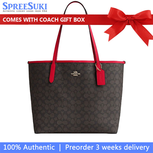 Coach City Tote Bag In Signature Canvas Walnut Bold Red # CV976