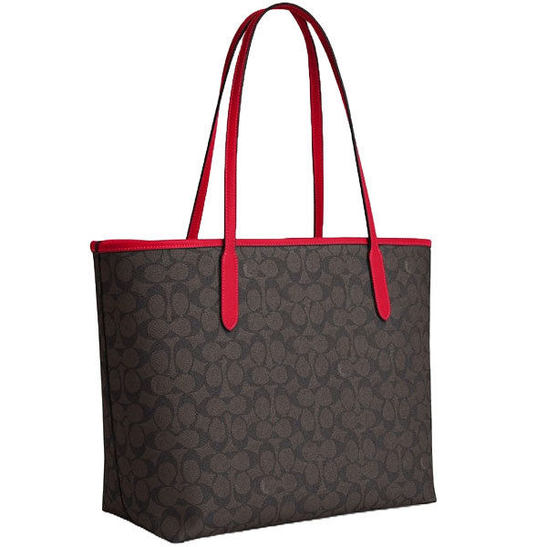 Coach City Tote Bag In Signature Canvas Walnut Bold Red # CV976