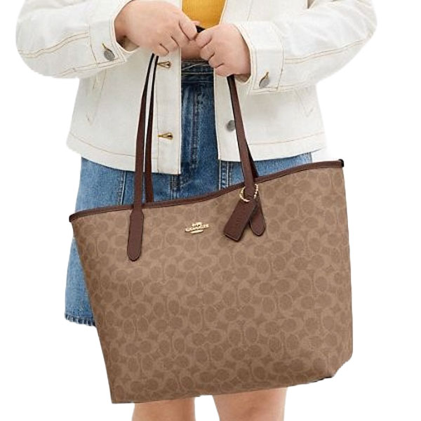 Coach City Tote Bag In Signature Canvas Tan Brown # CV976