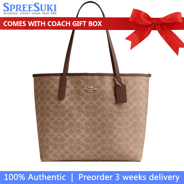 Coach City Tote Bag In Signature Canvas Tan Brown # CV976