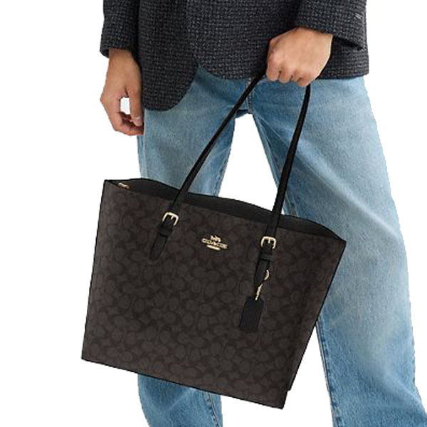 Coach Mollie Tote Bag In Signature Canvas Walnut Black # CV967