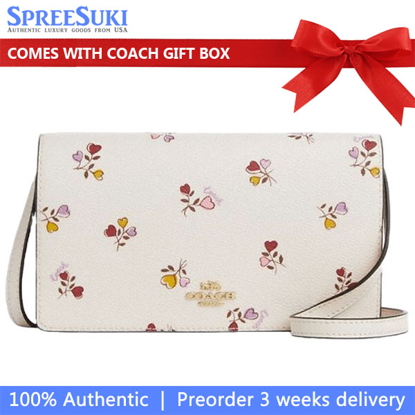 Coach Anna Foldover Clutch Crossbody Bag With Heart Print Chalk Multi # CX596