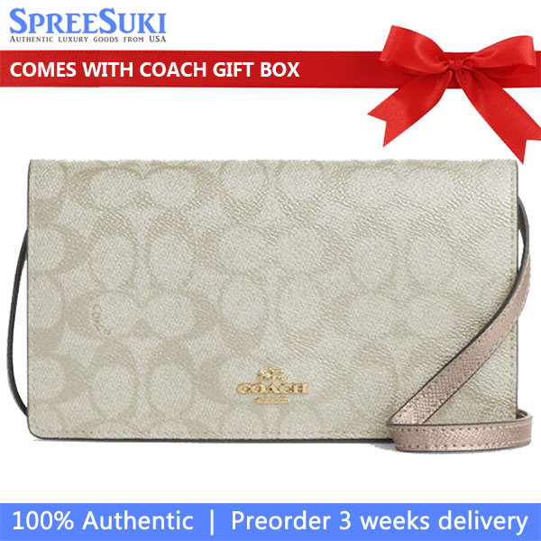 Coach Anna Foldover Clutch Crossbody Bag In Signature Canvas Champagne Multi # CX593