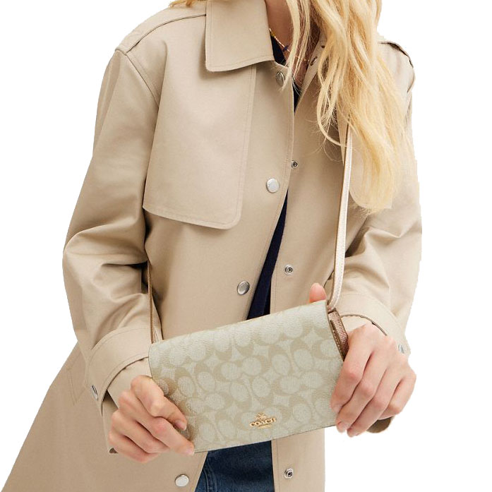 Coach Anna Foldover Clutch Crossbody Bag In Signature Canvas Champagne Multi # CX593