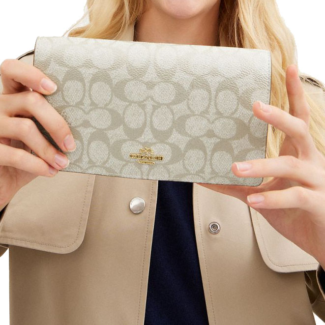 Coach Anna Foldover Clutch Crossbody Bag In Signature Canvas Champagne Multi # CX593