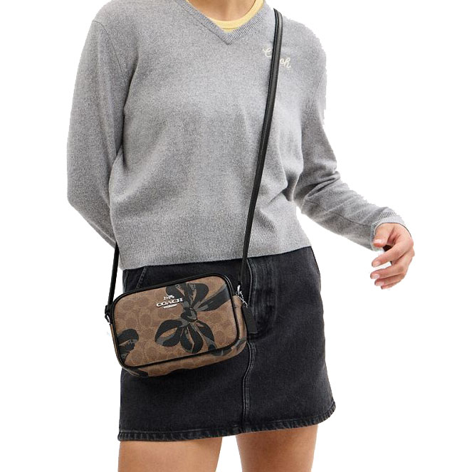 Coach Mini Jamie Camera Bag In Signature Canvas With Bow Print Silver Tan Black Multi # CY778