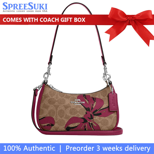 Coach Teri Mini Crossbody Bag In Signature Canvas With Bow Print Silver Tan Pink Multi # CY733