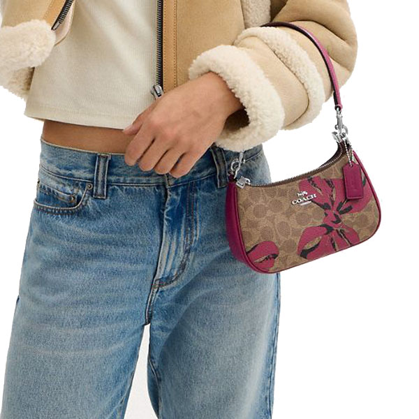 Coach Teri Mini Crossbody Bag In Signature Canvas With Bow Print Silver Tan Pink Multi # CY733