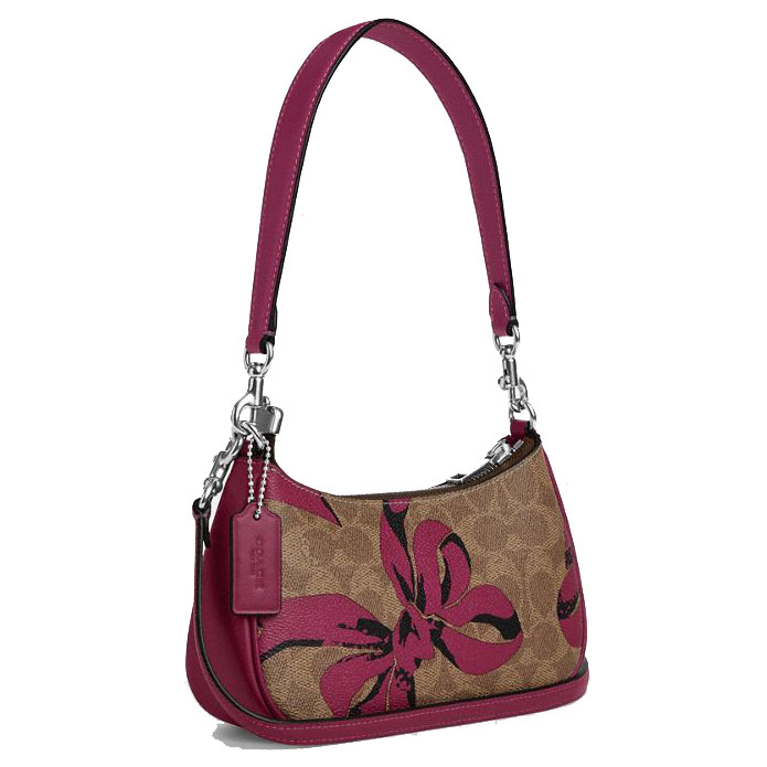 Coach Teri Mini Crossbody Bag In Signature Canvas With Bow Print Silver Tan Pink Multi # CY733