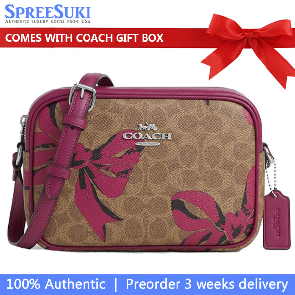 Coach Jamie Camera Bag In Signature Canvas With Bow Print Silver Tan Pink Multi # CZ769