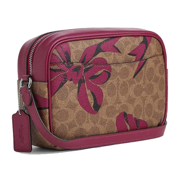 Coach Jamie Camera Bag In Signature Canvas With Bow Print Silver Tan Pink Multi # CZ769