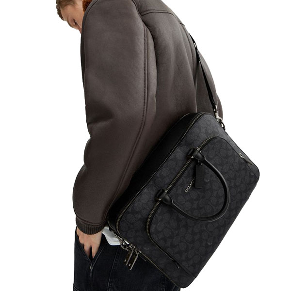 Coach Ethan Brief In Signature Canvas Gunmetal Charcoal Black # CV916