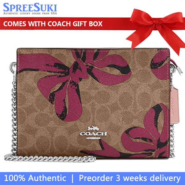 Coach Slim Crossbody Bag In Signature Canvas With Bow Print Silver Tan Pink Multi # CY746