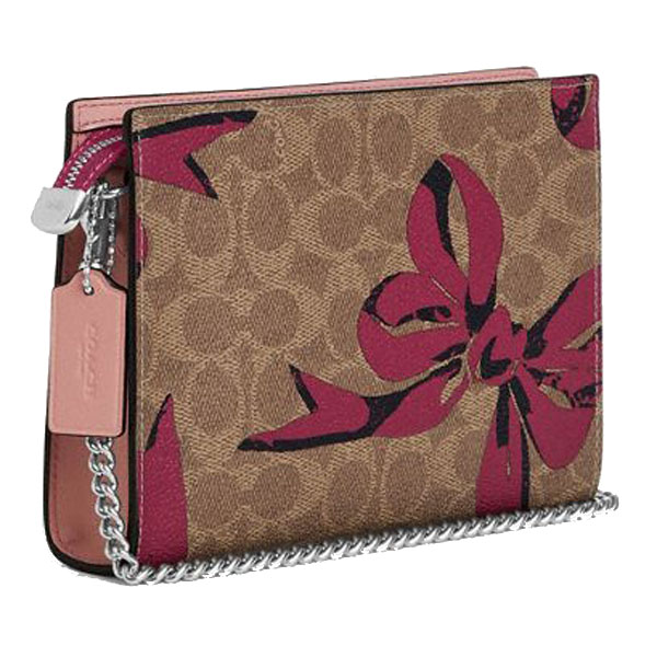 Coach Slim Crossbody Bag In Signature Canvas With Bow Print Silver Tan Pink Multi # CY746