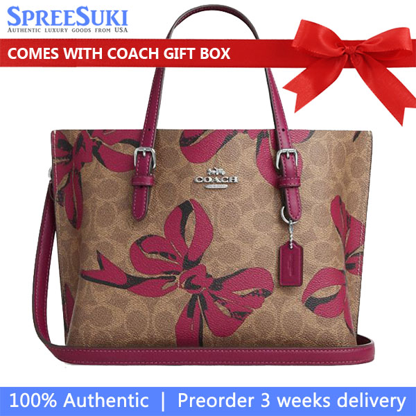 Coach Mollie Tote Bag 25 In Signature Canvas With Bow Print Silver Tan Pink Multi # CZ767