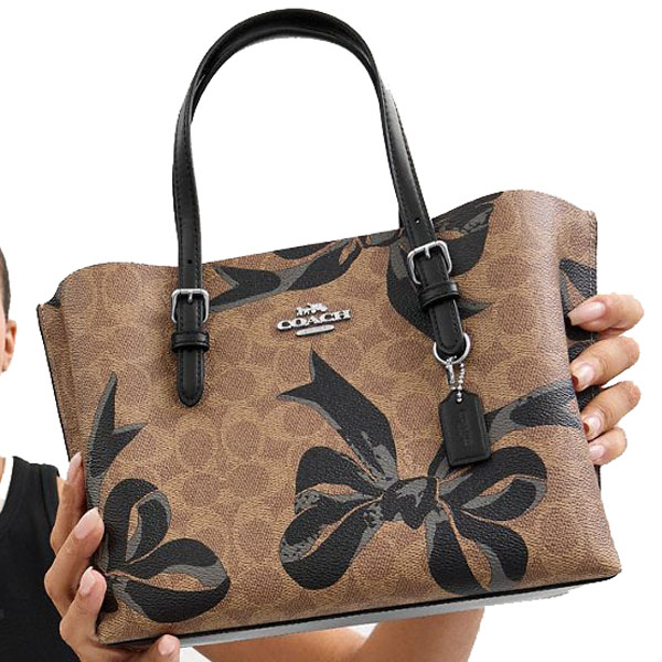 Coach Mollie Tote Bag 25 In Signature Canvas With Bow Print Silver Tan Black Multi # CZ767