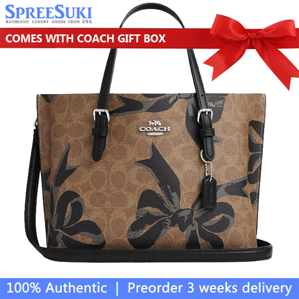 Coach Mollie Tote Bag 25 In Signature Canvas With Bow Print Silver Tan Black Multi # CZ767